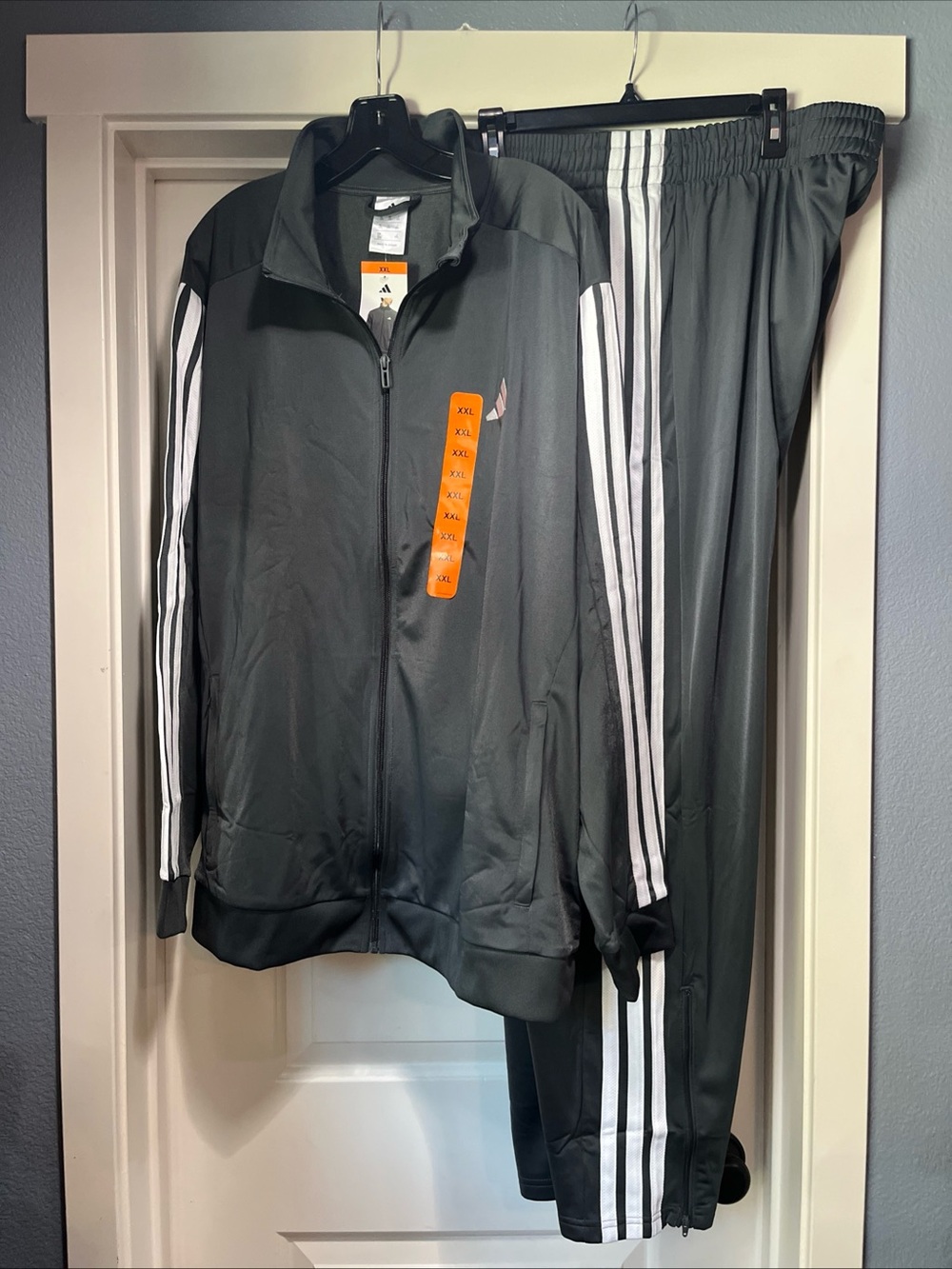 Mens XXL Adidas 3 Stripe Tricot Track Jacket And Pant Gray White Set Suit New